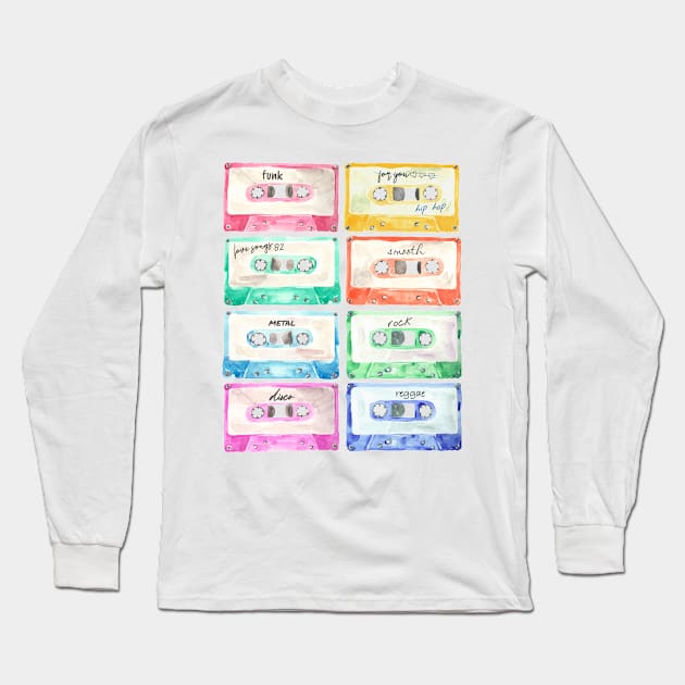 Colorful cassettes watercolors composition Long Sleeve T-Shirt by marufemia